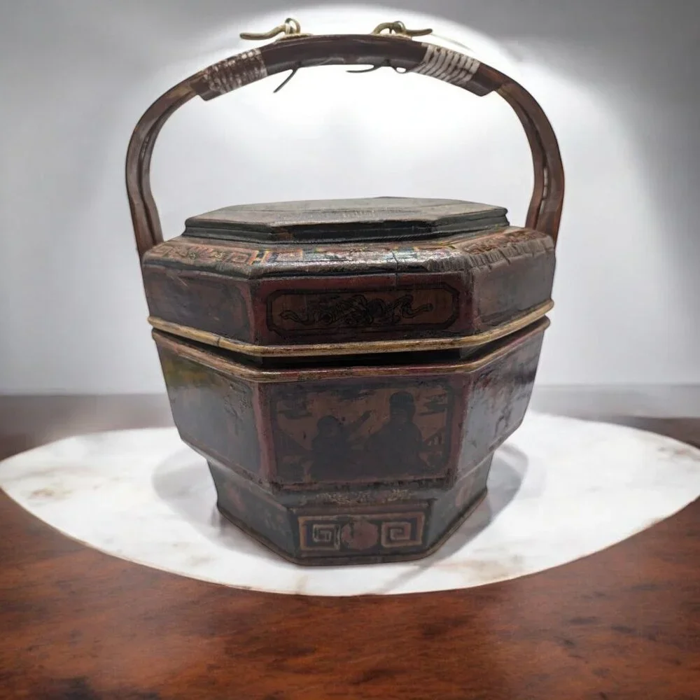 Antique Chinese Bamboo Wedding Basket Box Laquer Finsh Brass Handle